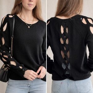 Tess Giberson 100% Cashmere Black Cable Knit Long Sleeve Sweater L